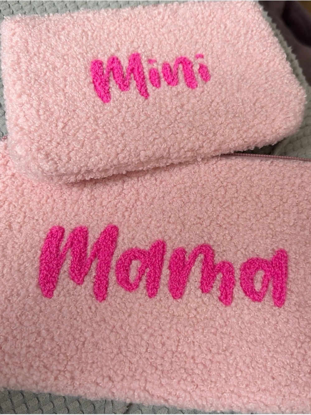 Pink 'Mama' & 'Mini' Sherpa Bib Set - Soft Pink with Hot Pink Embroidery